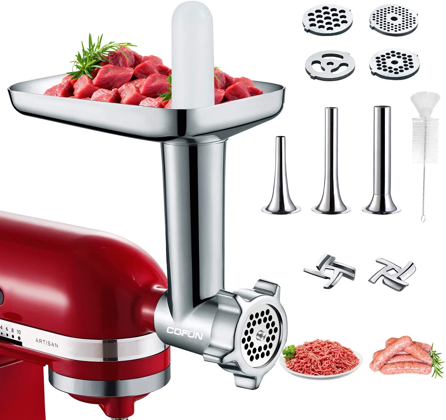 Metal Meat Grinder Attachments for KitchenAid Cofun Accessories Includes 4 Sanding Plates, 3 Sausage Filling Tubes, 2 Grinding Blades for Kitchenaid Mixer