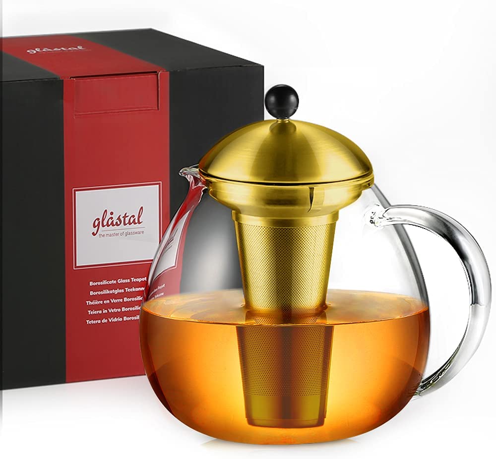 glastal Glass Golden Teapot 1500 ml with 18/8 Stainless Steel Tea Strainer Borosilicate Glass Tea Maker Glass Jug Suitable for Tea Warmers