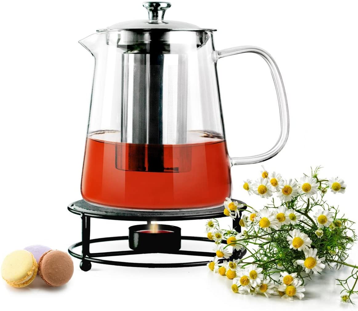 Sendez Teapot 1.2 L with Stainless Steel Strainer and Warmer Tea Maker Glass Jug Tea Set Teapot Made of Borosilicate Glass