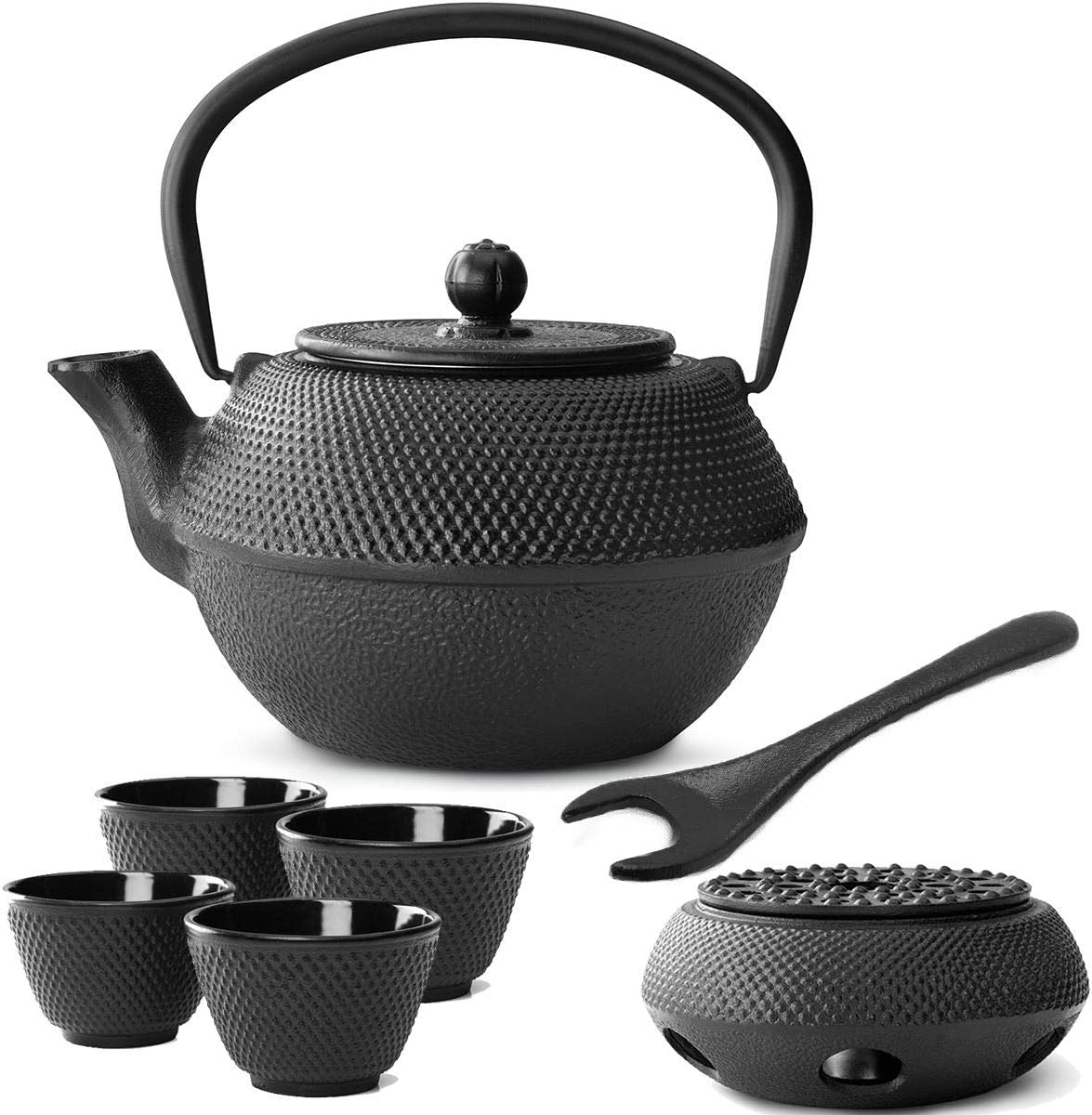 Bredemeijer Teapot Asian Cast Iron Set 1.1 Litres - Black Cast Iron Can with Strainer Insert for Loose Tea & 4 Tea Cups (Cups) & Warmer & Lid Lifter