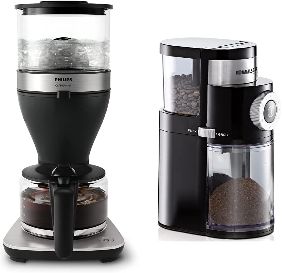 Philips Domestic Appliances Philips Filter Coffee Machine - 1.25 L Capacity, up to 15 Cups, Boil & Brew, Black/Silver (HD5416/60) & Rommelsbacher Coffee Grinder EKM 200, Capacity Bean Container 250 g, 110W, Black