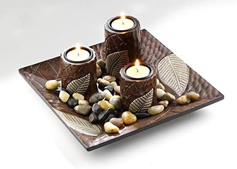 Locker Decorative tray with candle holder for 3 tealights, 24x24x11 cm, Wood, Brown