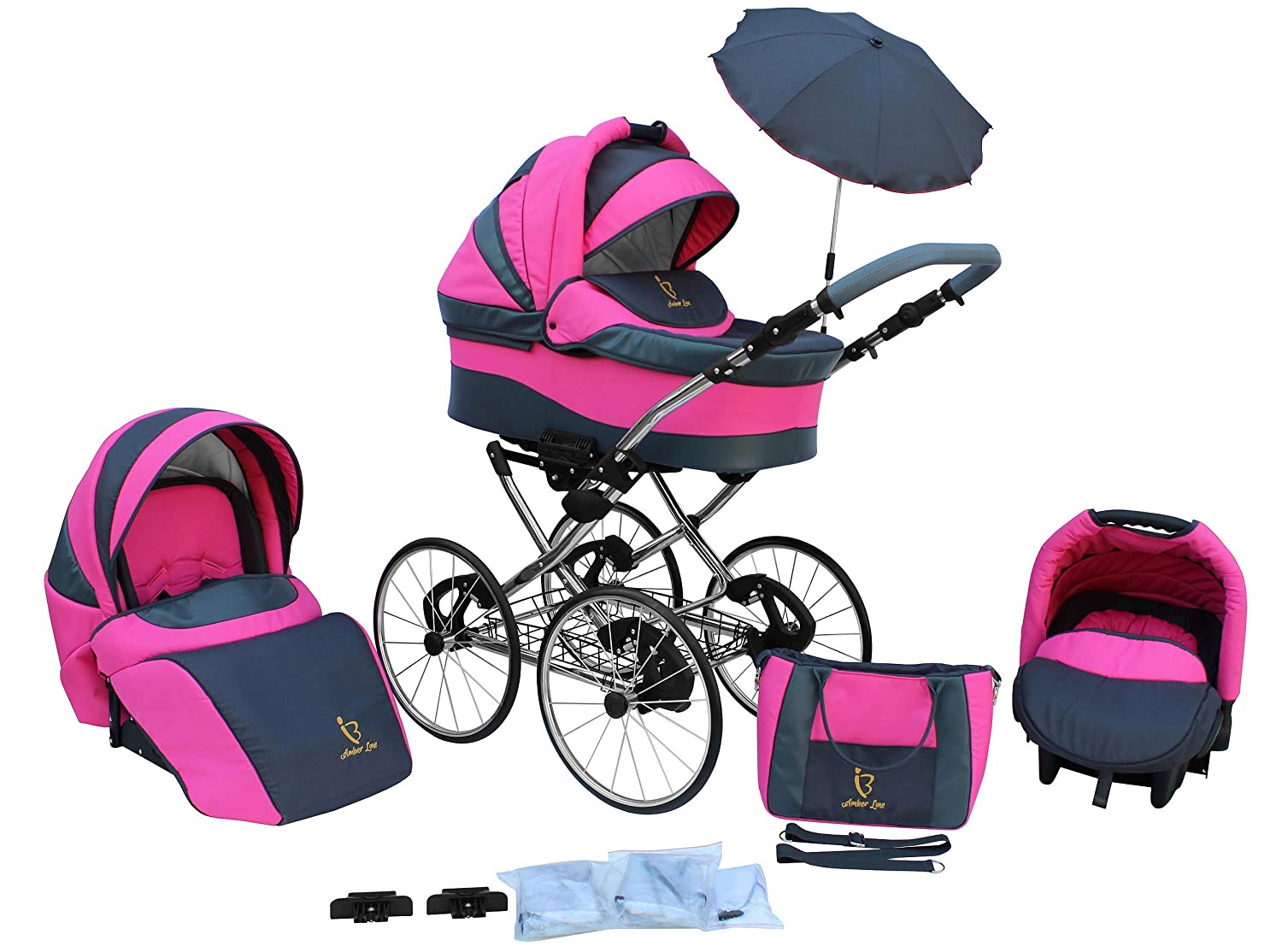 SKYLINE Classic Retro Style Combination Pram Buggy 3-in-1 Travel System Car Seat (Isofix) (Pink/17 Inch Hard Rubber Tyres)