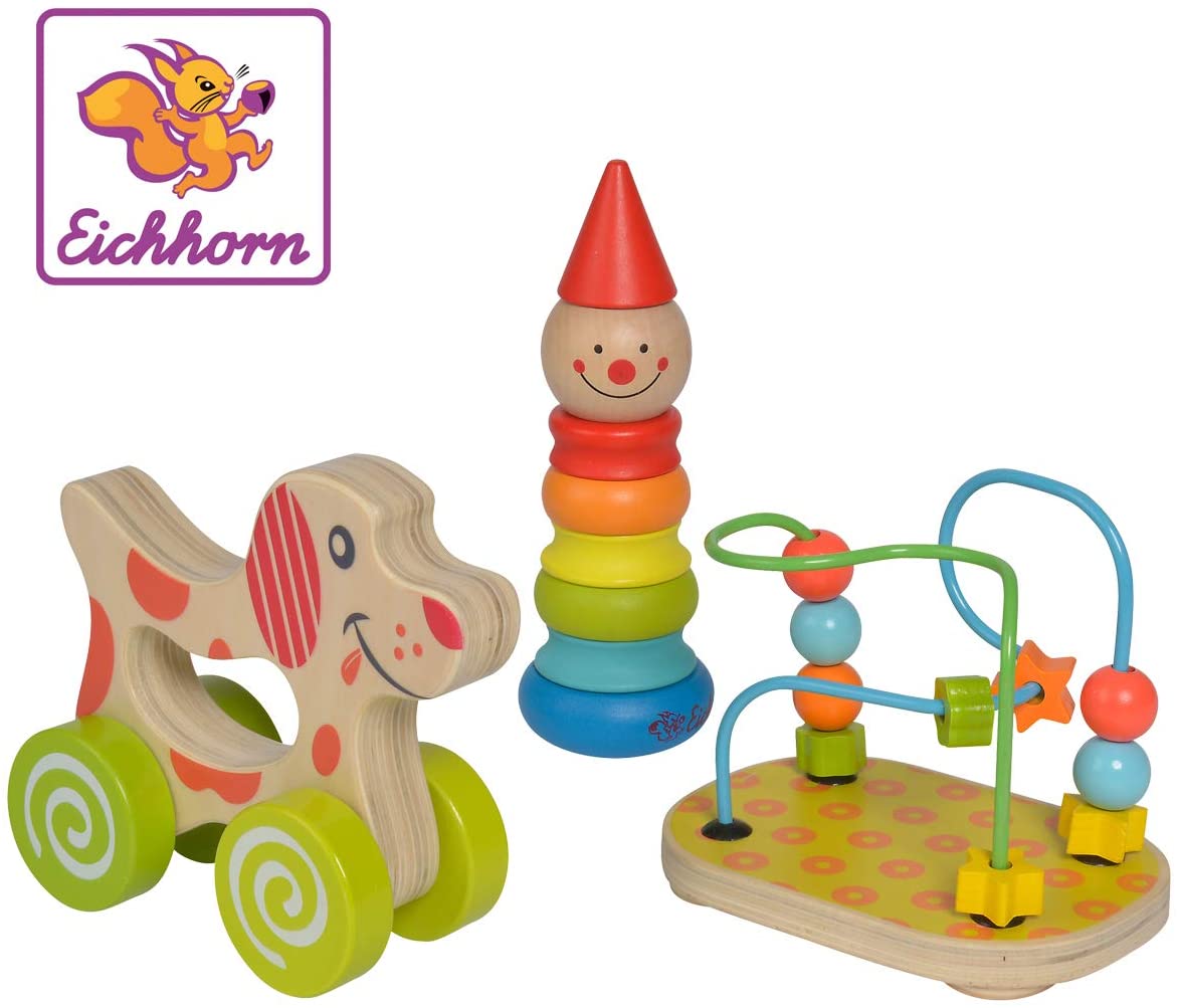 Eichhorn 100003750 Educational Play Set Consisting of Clown Figure, Motor Skills Bow and Sliding Dog, 3 Pieces, Motor Skills Toy, Wooden Toy
