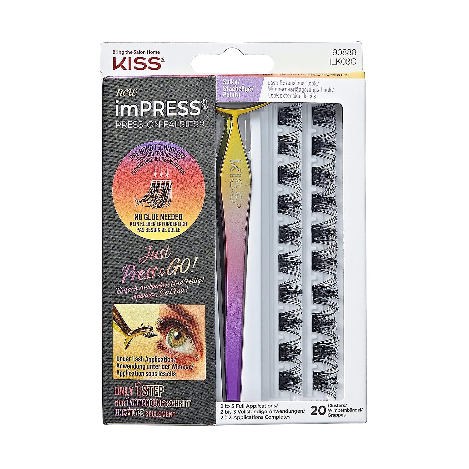 KISS IMPRESS PRESS-ON FALSIES, Self-Adhesive Eyelashes, No Glue, Artificial Lash Cluster, Spiky, 20 Cluster + Applicator