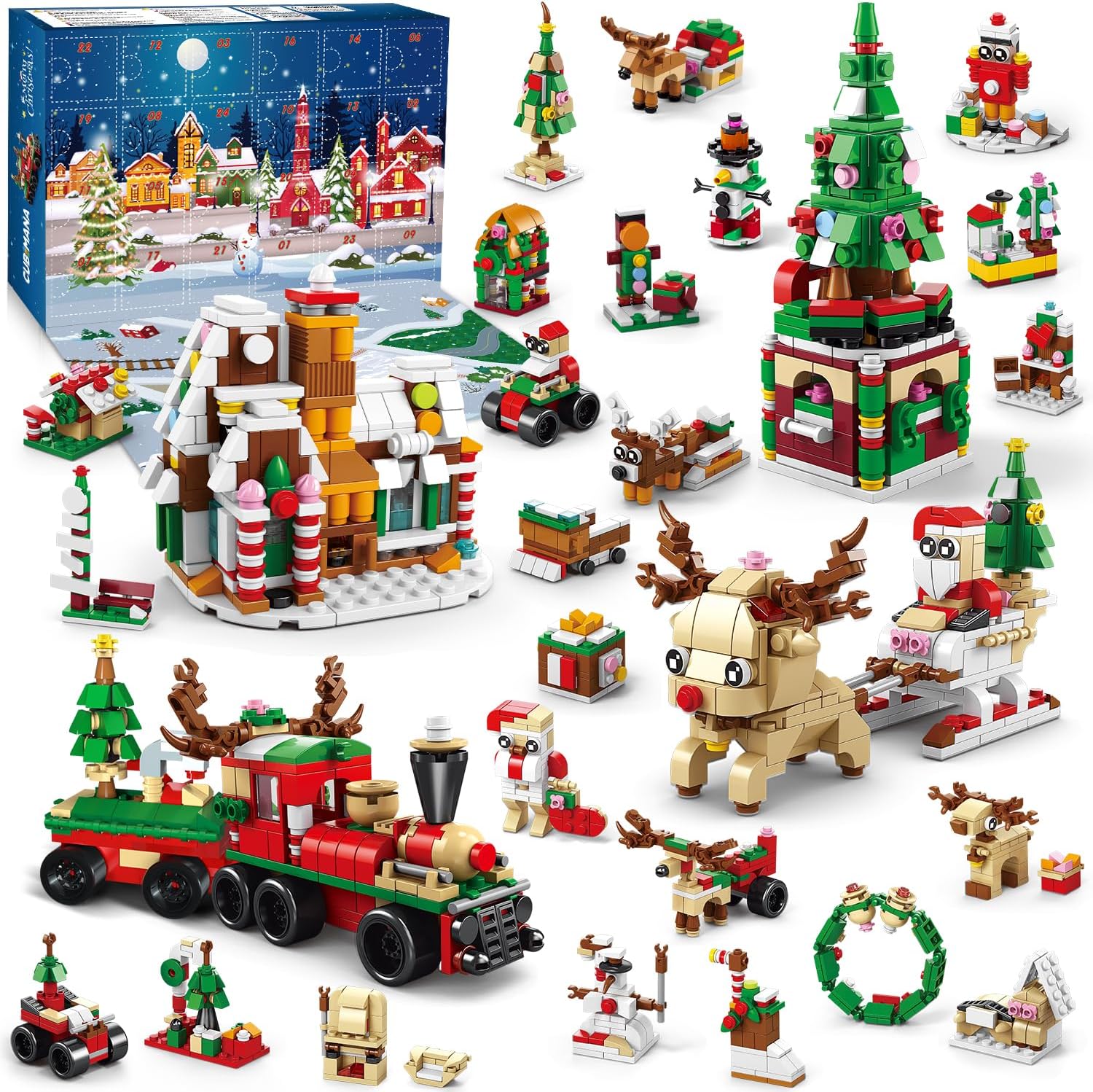 CUBIMANA Advent Calendar 2024 Children's Christmas Kit - 24 Countdown Play Set, Christmas Toy Includes Santa Claus Railway Building Blocks, Gift for Boys Girls of 6+ (1235 Pieces)