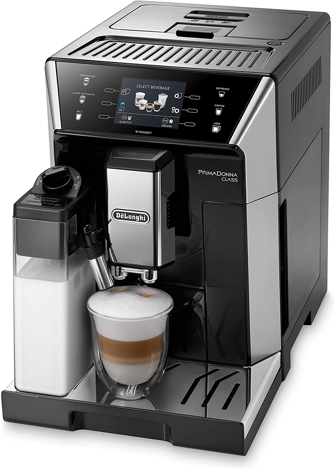 DeLonghi De\'Longhi PrimaDonna Class Fully Automatic Coffee Machine with Milk System, Cappuccino and Espresso at the Touch of a Button, 3.5 Inch TFT Colour Display and App Control