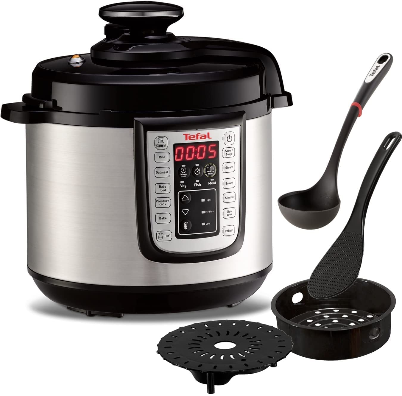 Tefal Fast & Delicious Multicooker 1200 Watt Electric Pressure Cooker, 25 Automatic Programmes, 6 Litres, Adjustable Temperature and Time, Includes Recipe Booklet, Stainless Steel/Black