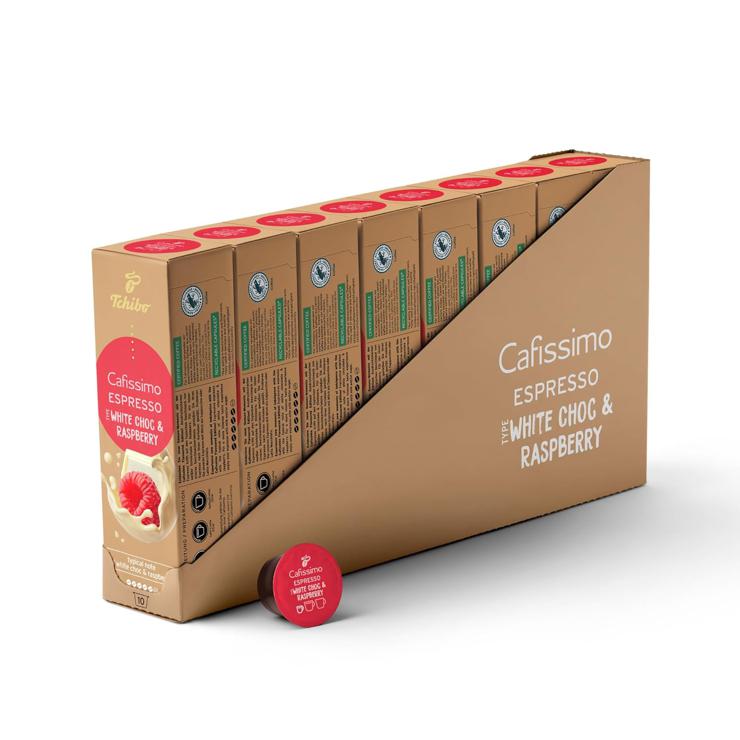 Tchibo Cafissimo storage box Flavored Spring Edition White Choc & Raspberry coffee capsules, 80 pieces (8x10 capsules), sustainable & fairly traded, premium quality