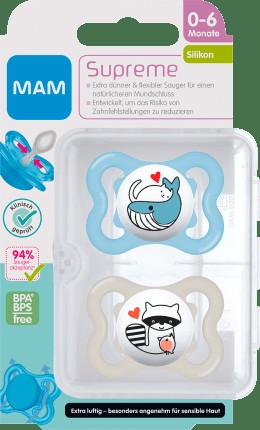 Pacifier Supreme Silicone, blue/grey , 0-6 months, 2 pcs