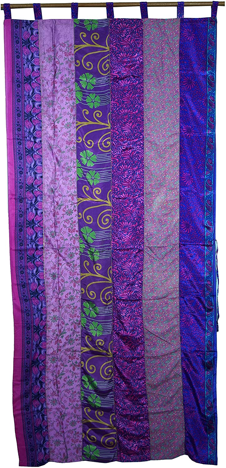 Guru-Shop Curtain (1 Piece) Patchwork Saree Fabric Curtain-Natural, Green, 