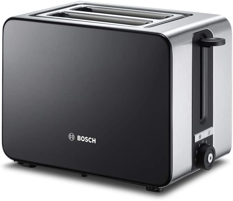 Bosch ComfortLine TAT7203 Compact Toaster, Integrated Stainless Steel Bun Attachment, with Automatic Shut-Off, with Defrosting Function, Perfect for 2 Slices of Toast, Wide, 1050 W, Stainless Steel/Black