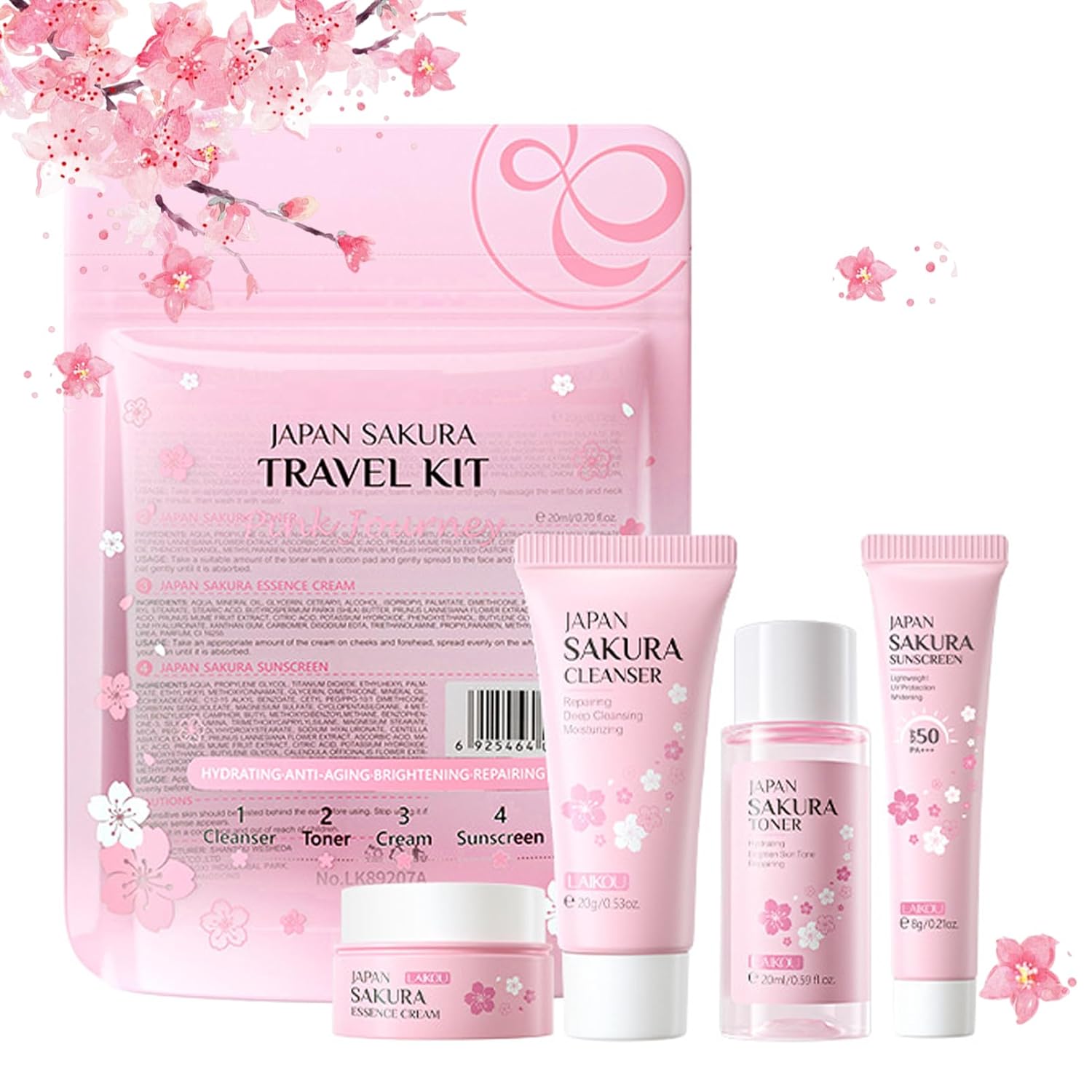 Japan Sakura Skin Care Set for Teenage Girls, Moisture Skincare Set, Anti-Ageing Face Care Set, Beauty Gift Set, Travel Set with Cleansing Toner, Face Cream, Sun Cream SPF50+