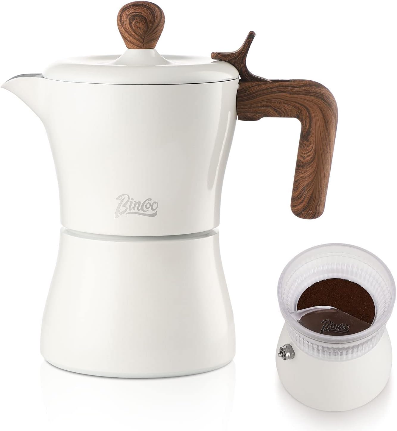 Bincoo Stovetop Espresso Maker Mocha Pot 3 Espresso Cups, Cuban Coffee Machine Hobby Coffee Machine With Dosing Ring Dispenser, Mocha Italian Espresso Coffee Machine (White)