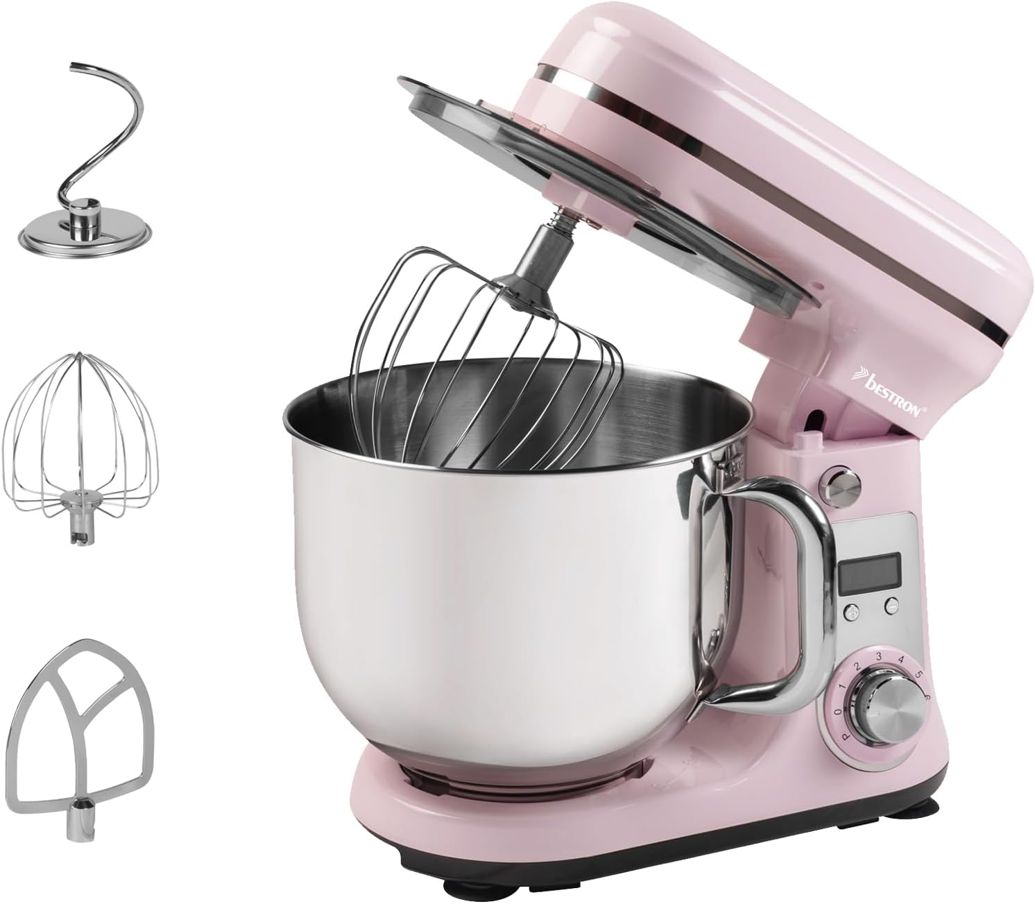 Bestron Super Silent Food Processor (65 db) 4-1 with DC Motor, 6 Liter Mixing Bowl, Includes Dough Hook, Whisk and Batter Beater, 6 Speed ​​Levels + Pulse Function, Colour: Pink