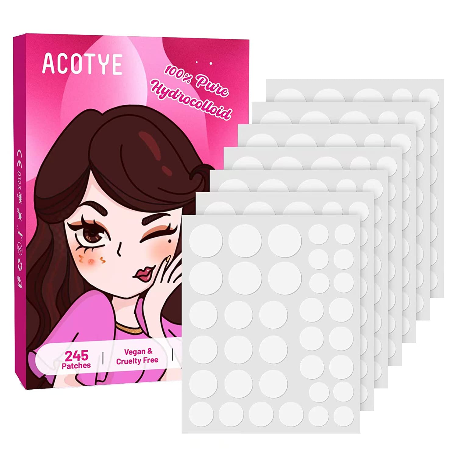 Acotye Pimple Patch 245 Pieces Strong Adsorption Pimple Patch 100% Pure Anti Pimple Patches, No Additional Ingredients Added, 4 Sises Day and Night, Vegan and Cruethy Free