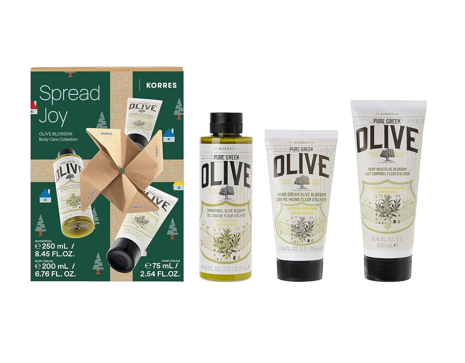 KORRES Olive Blosom Hand & Body Care Set, Gift Set for Men and Women, Body Milk 200 ml, Shower Gel 250 ml & Hand Cream 75 ml, Vegan