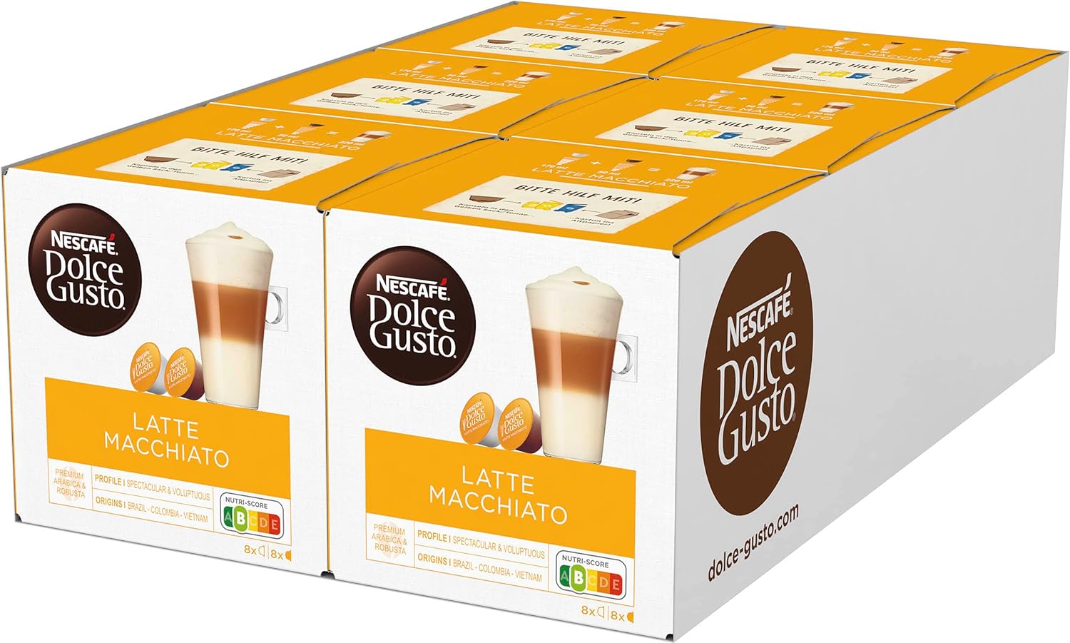 NESCAFÉ Dolce Gusto Latte Macchiato, 96 Coffee Capsules, Aromatic Espresso, 3-Layer Delicacy Made of Fine Milk Foam, Aroma Sealed Capsules, Pack of 6 (6 x 16 Capsules)