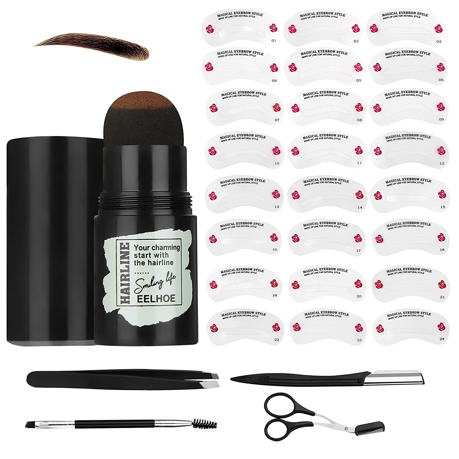 Wasenir Augenbrauen Stempel, 24Pcs Augenbrauen Schablone, Wasserdichtes Wiederverwendbares Makeup Brow Stamp Brauenpuder Kit für Brauenformung Make Up Kosmetikset Eyebrow Razor/Brush (Dunkelbraun), ‎dunkelbraun