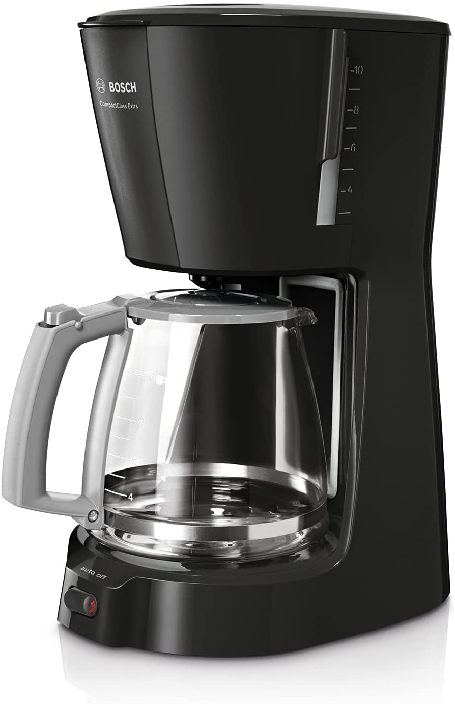 Bosch Hausgerate Bosch CompactClass Extra TKA3A033 Filter Coffee Machine, Aroma Protection Glass Jug 1.25 L, for 10-15 Cups, Keep Warm Function, Automatic Shut-Off, Drip Stop, Swivelling Filter Carrier, 1100 W, Black