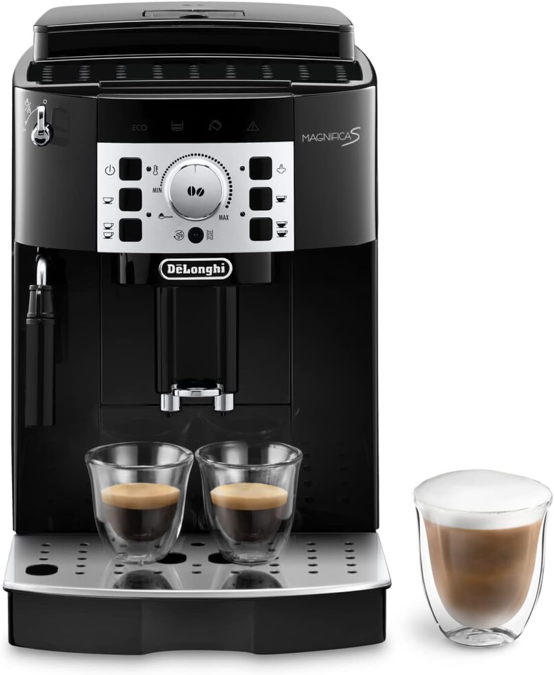 De\'Longhi Magnifica S ECAM 22.110.B fully automatic coffee machine with milk frother for cappuccino, with espresso direct selection buttons and rotary control, 2-cup function, 1.8 liter water tank, black / silver