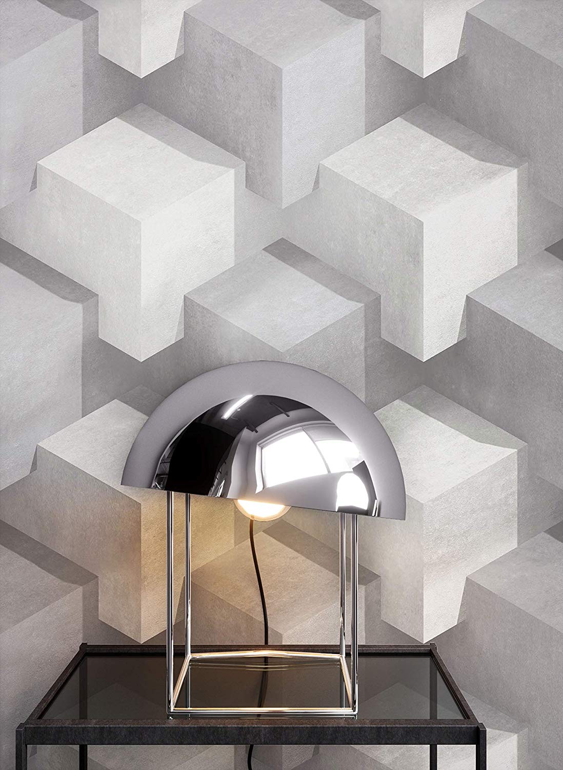 Newroom Design Newroom Stone Wallpaper Grey Geometric Cube Graphic Non-Woven Wallpaper Whi
