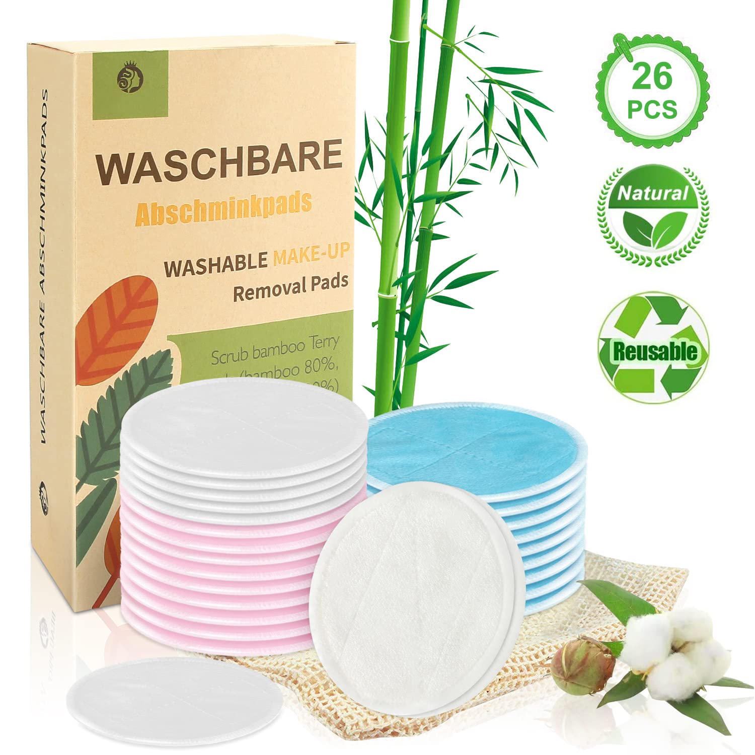 CUSMAY Washable Make-Up Pads, Pack of 26, Reusable Bamboo Cotton Pads, Make-Up Wipes, Made of & Cotton with Laundry Bag, Makeup Remover Pads, Zero Waste for Facial Cleansing, ‎assorted.