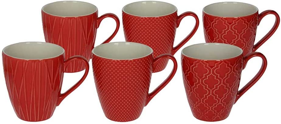 Set of 6 Ceramic Coffee Mug/Coffee Cup/Mug, 430 ml., in Red, with different textures in the surface of TOGNANA,