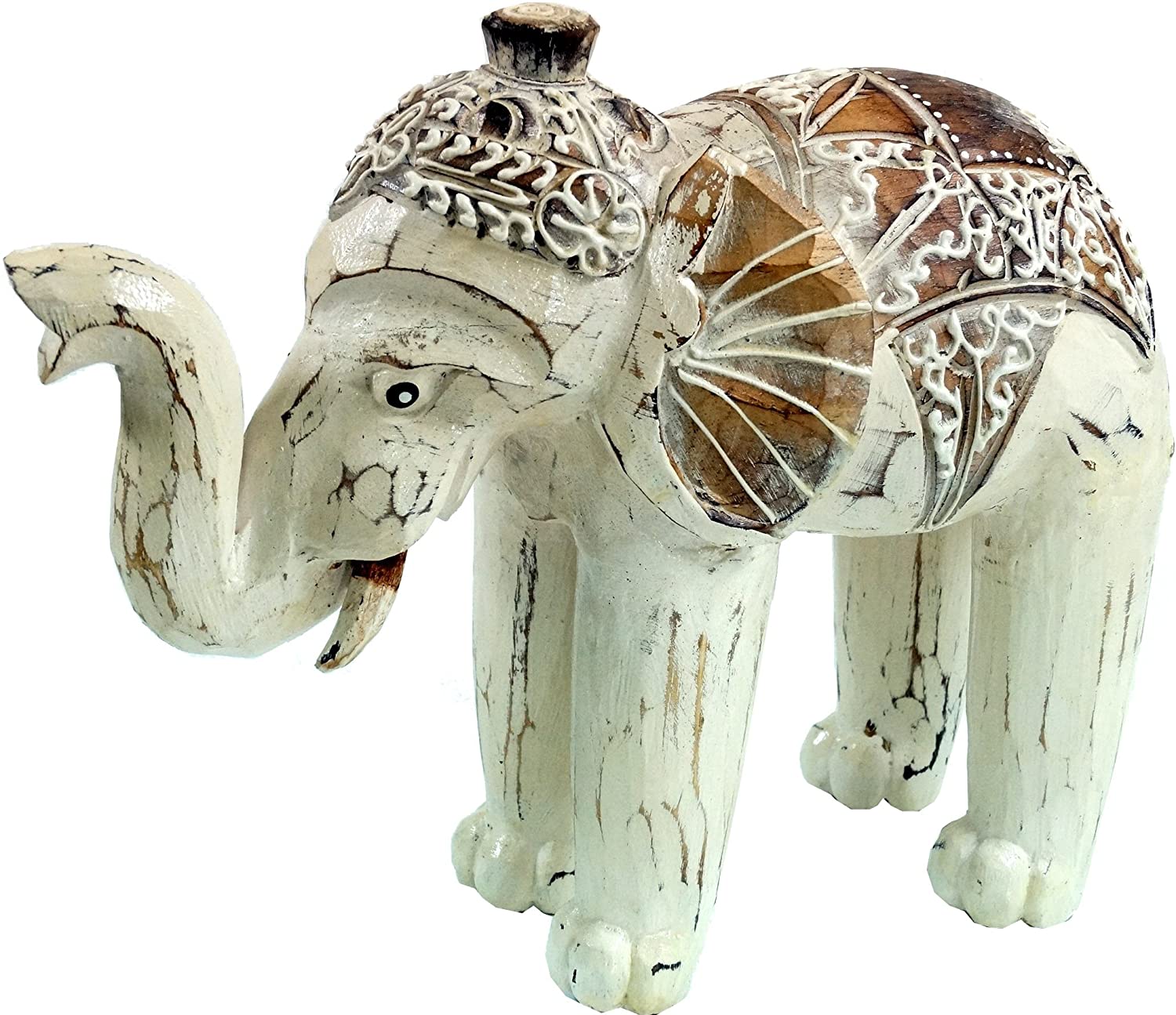 Guru-Shop Carved Elephant in 3 Sizes – White, Wood, Size: Small (15 x 17 x 7 cm), Animal Figures