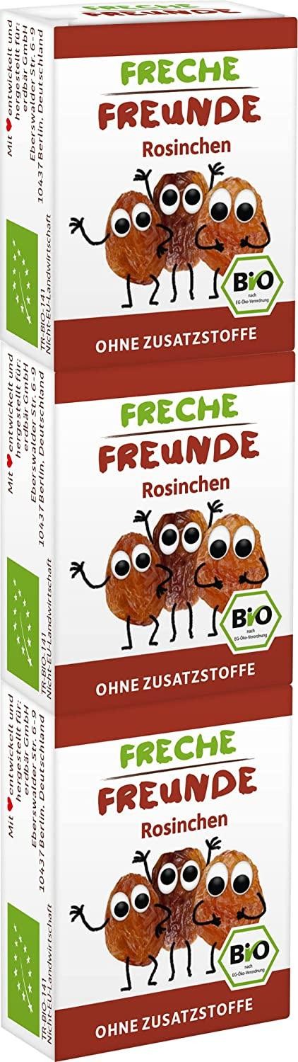 Freche Freunde Bio Rosinen, Trockenfrüchte ohne Zucker, ohne Zusatzstoffe, ungeschwefelt, in Kleinen Snackboxen für Kinder, 20er Pack, 20 x (3x14g)