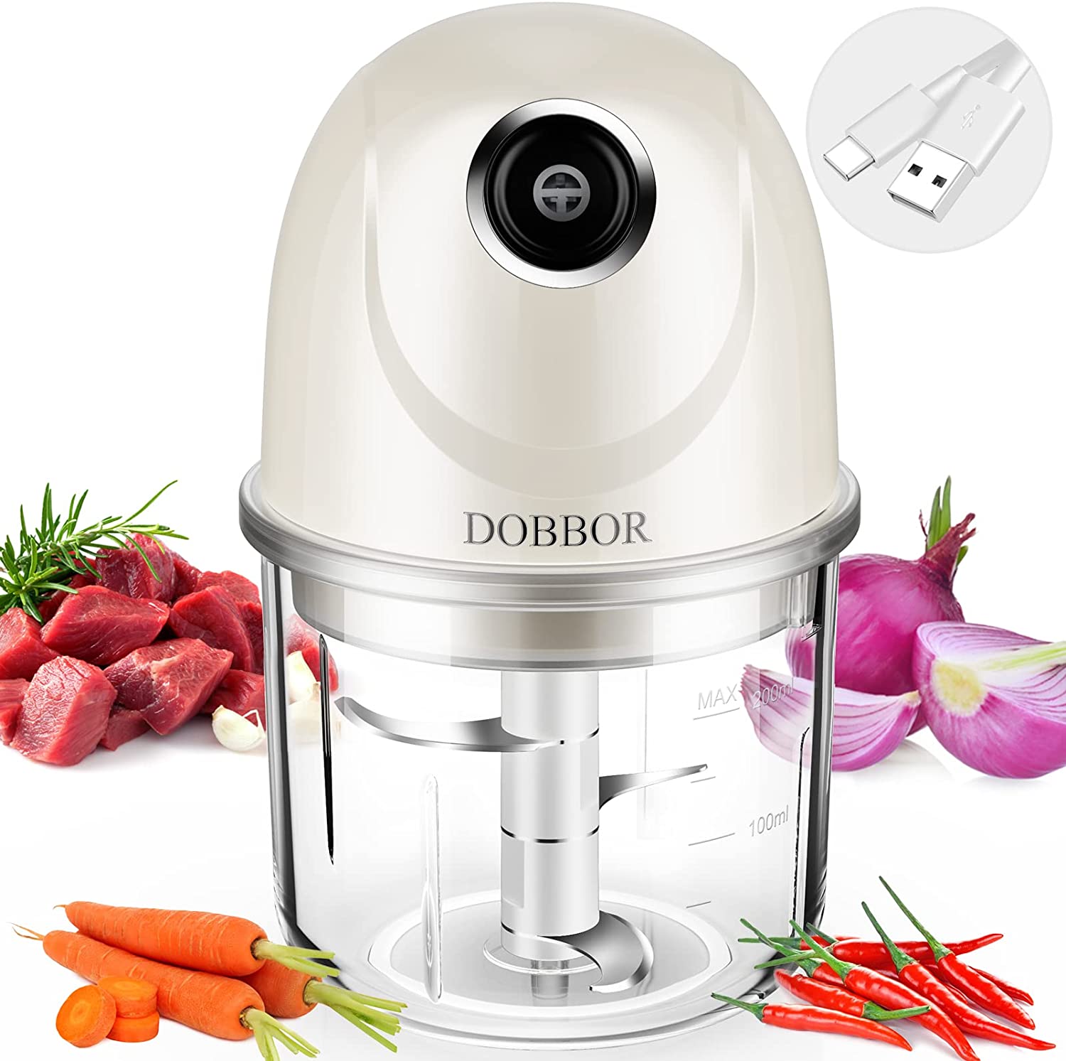 Mini Electric Chopper, DOBBOR Rechargeable Food Processor Mixer with 200 ml Container, Wireless Kitchen Processor for Cutting Fruit, Onions, Garlic, Vegetables, Nuts Meat