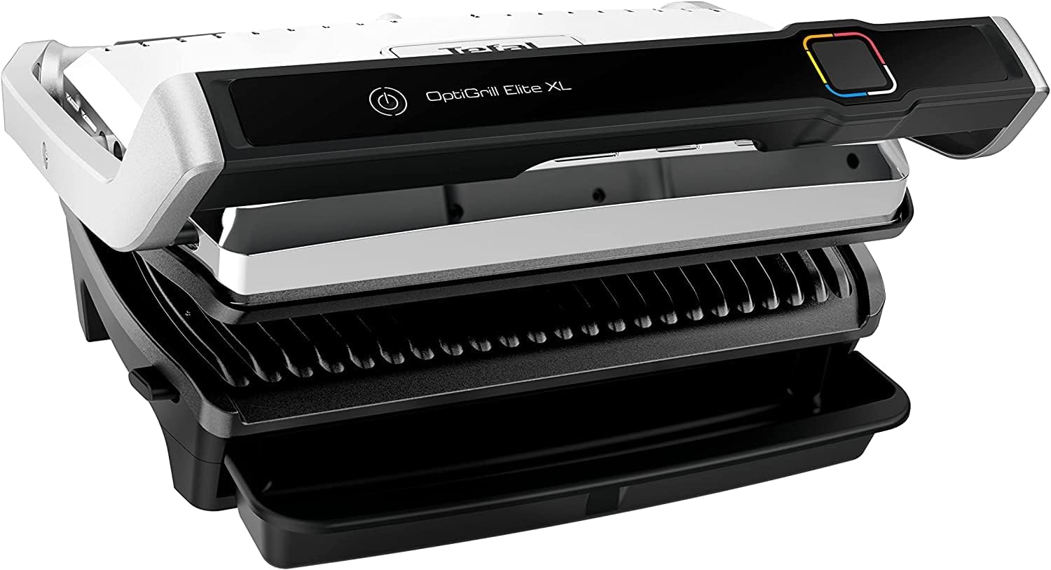 Tefal GC760D OptiGrill Elite XL Contact Grill Includes Recipe Book 16 Intelligent Programmes Digital Display Grill Boost Function Dishwasher Safe Plates 800 cm² Stainless Steel / Black