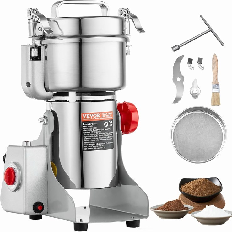 VEVOR Electric Grain Mill High Speed ​​Spice Mill 500g with 2000W Stainless Steel Powder Machine for Dry Grains Spices Cereal Coffee Corn Pepper Swivel Type 22 x 19 x 36 cm