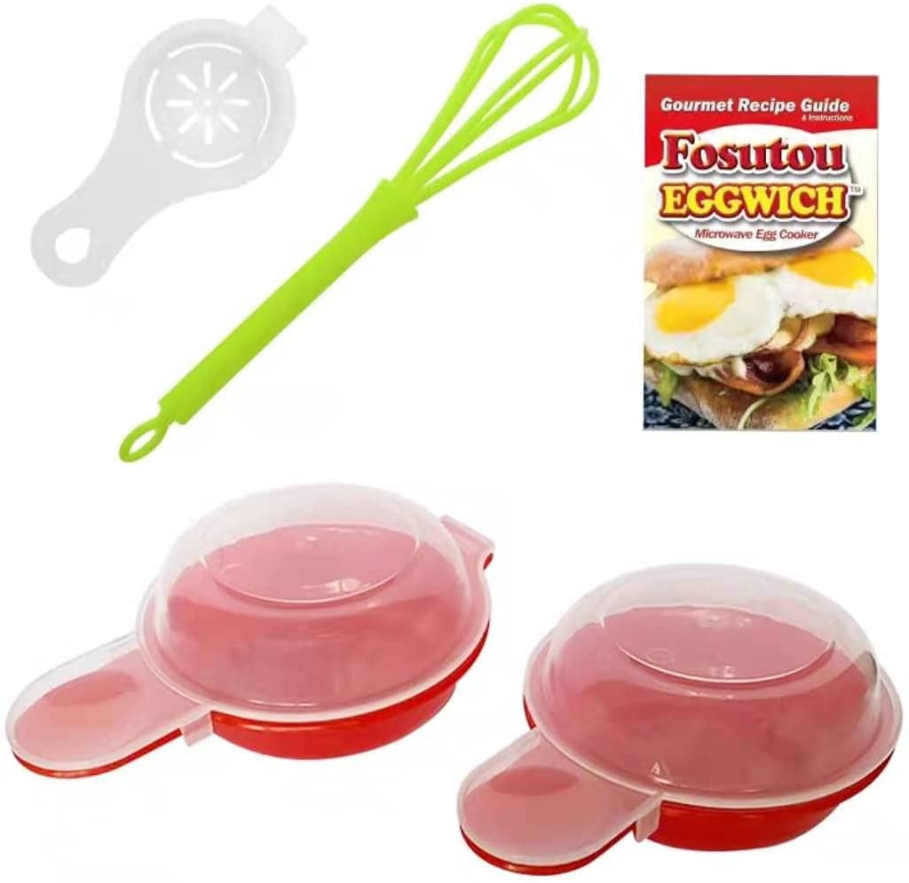 FOSUTOU Microwave Egg Cooking Set with 4 Kitchen Accessories (2 Sets Egg Boiler, 1 Whisk, 1 Egg Separator) for Easy/Fast Egg Cooking, Eggs Perfect in Just One Minute with Gourmet Recipe