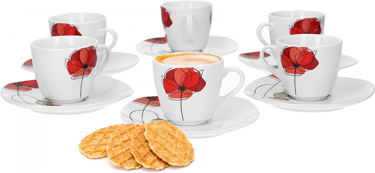 Van Well Monika 12-Piece Breakfast Set for 6 People 6 Coffee Cups and 6 Small Plates Poppy Flower Elegant Porcelain Crockery Set Catering