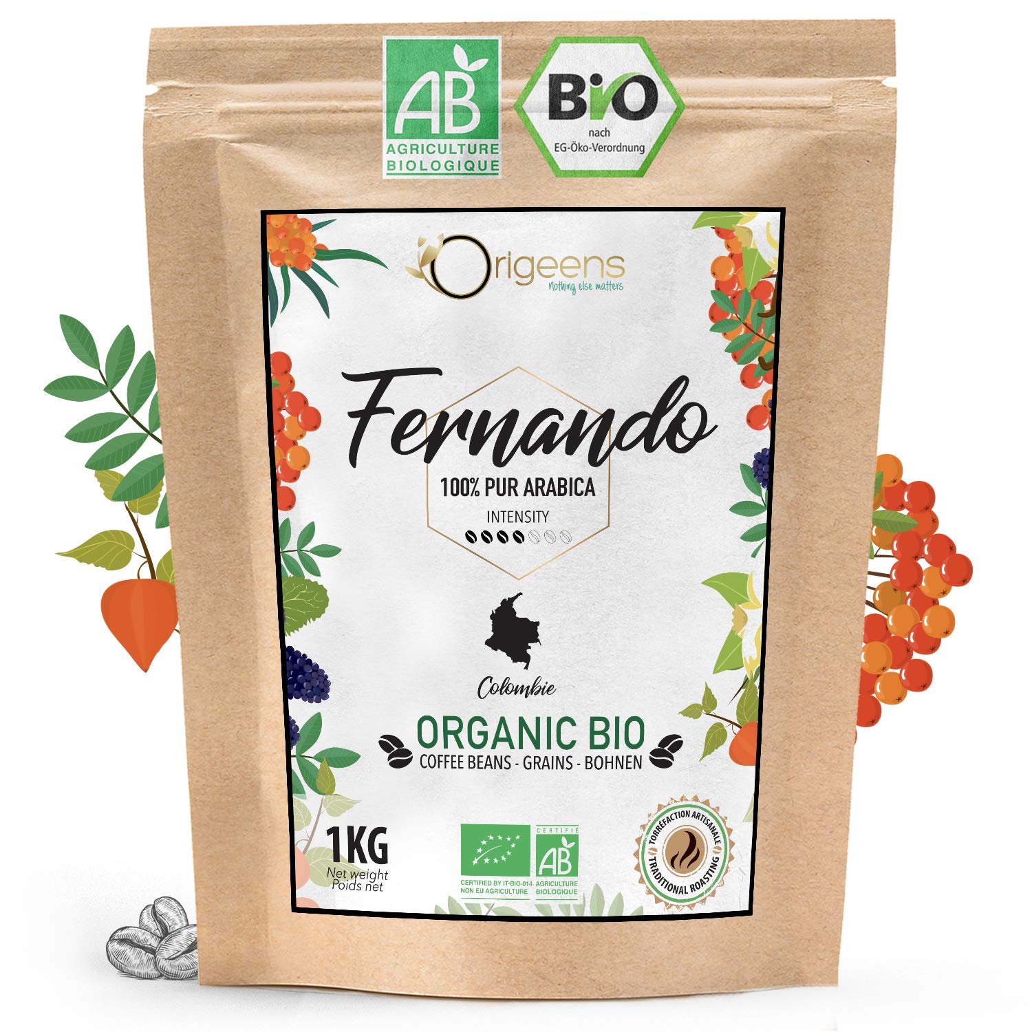 ORIGEENS Organic Coffee Beans 1kg | Organic Arabica Coffee Whole Beans | Single Origin Colombia Fernando | Low Acid | Traditional roasting