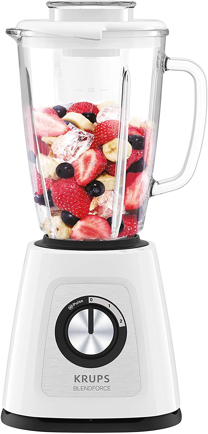 Krups KB4351 Blendforce+ Stand Mixer, 800 W, 1.75 L Heat-Resistant Glass Container, 6 Blades with Powelix Technology, 2 Speeds and Pulse, Ice Crush Function, \"Smart- Lock\" Technology, White