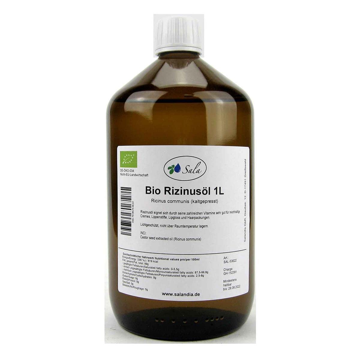 Sala Castor Oil Cold Pressed Organic 1 L 1000 ml Glass Bottle