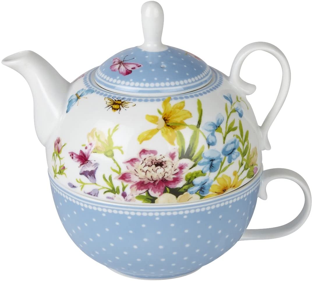 Katie Alice English Garden Tea for One Porcelain Teapot and Cup Set - Teapot: 450ml (16 fl oz), Cup: 280ml (10 fl oz)