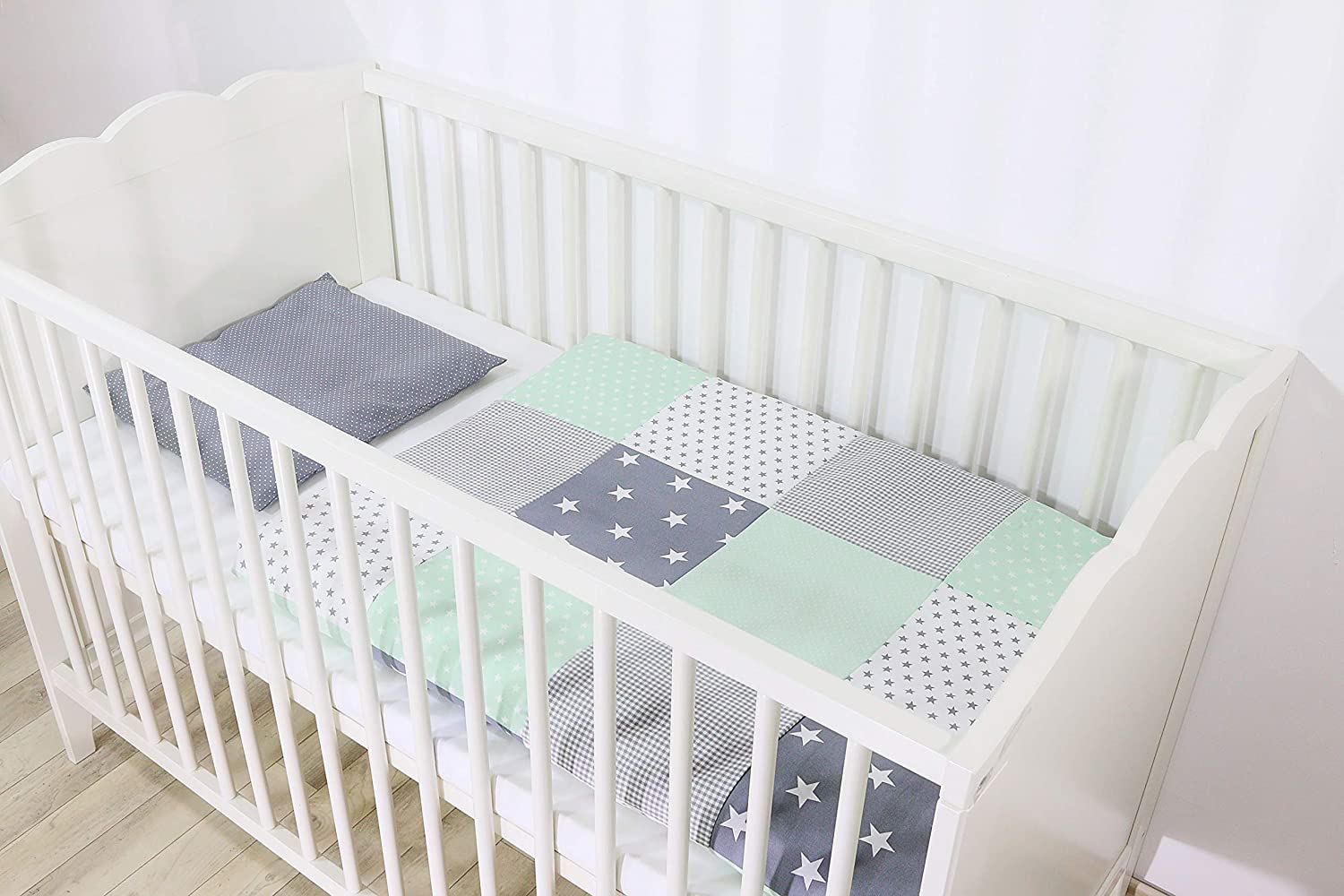 Ullenboom ® Baby Bedding Set - 2 Pieces (Complete): Baby bed linen 80 x 80 cm and pillowcase 35 x 40 cm, baby bed set for the baby bed made from 100% cotton. Mint grey