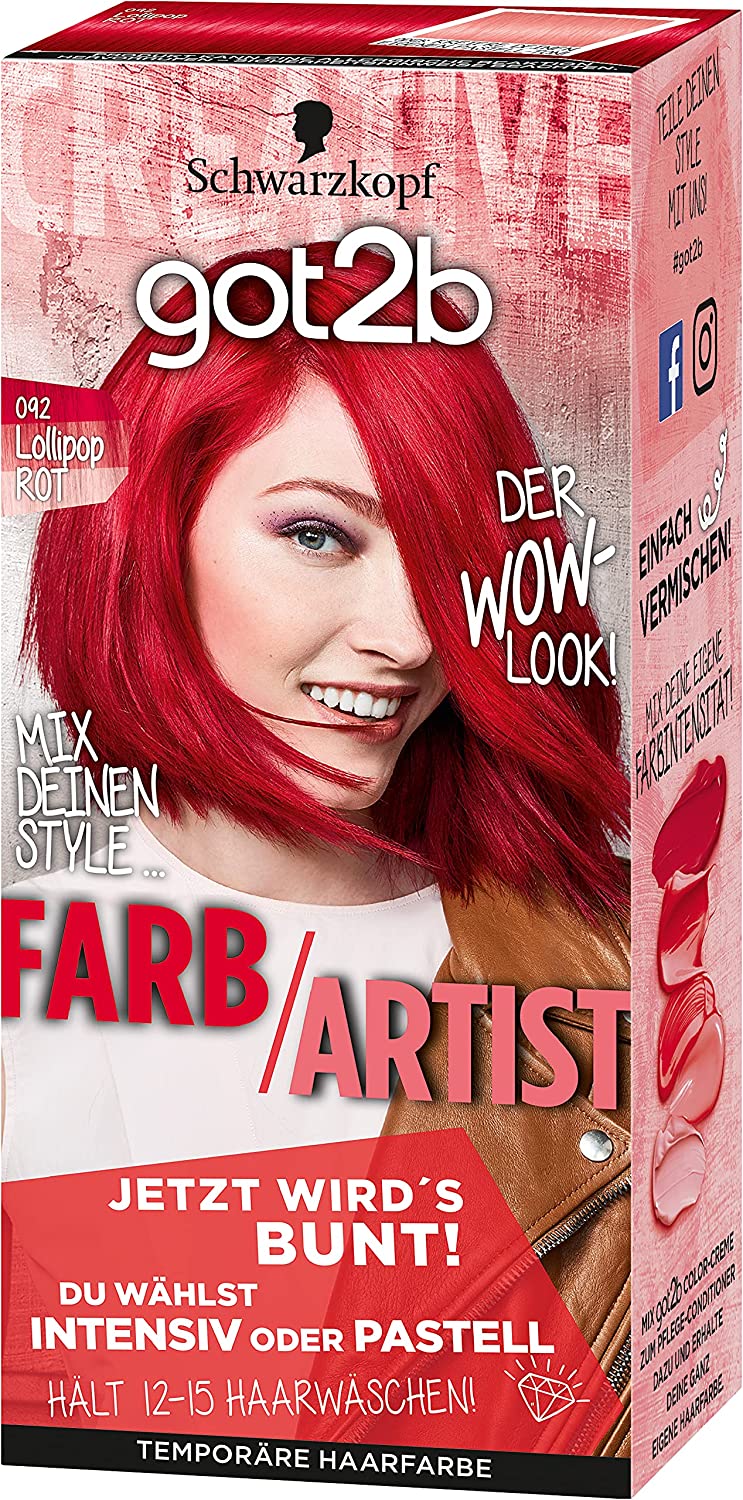 got2b Colour / Artist 092 Lollipop Red 2 (3 x 80 ml), Washable Hair Colour Makes Hair Bright Colours or Pastel Tones, Hair Dye Lasts 12-15 Washes, ‎lollipop