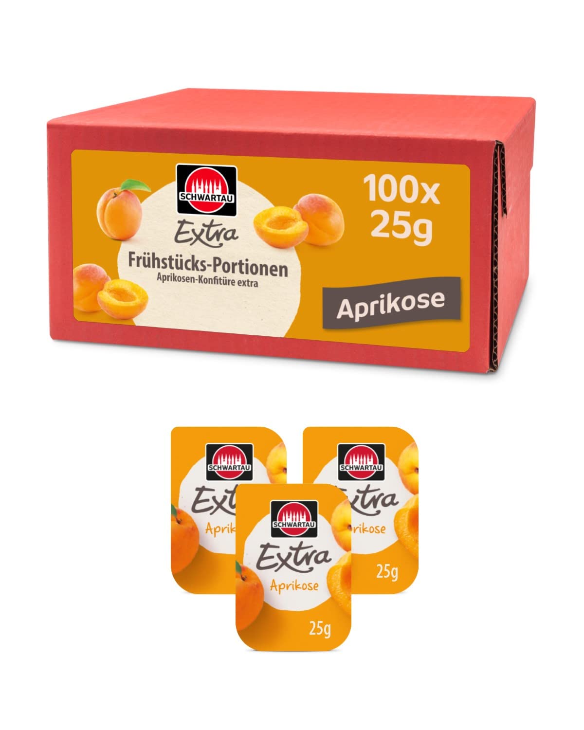 Extra apricot portions, jam portion bowls, large pack, 100 x 25 g