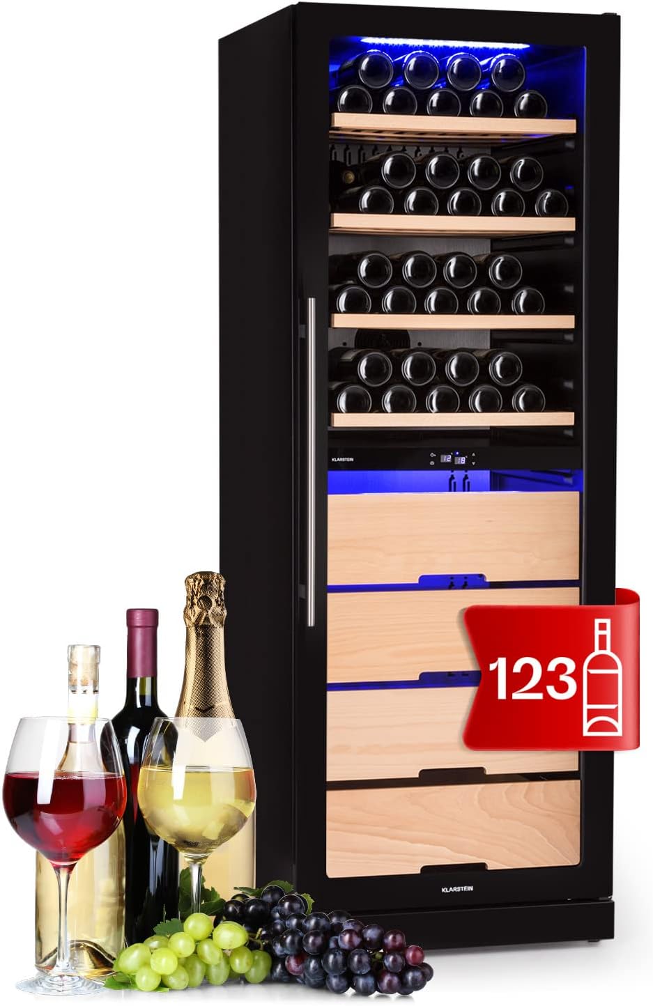Klarstein Wine Fridge, Drinks Refrigerator, Slim, 2 Zone Fridge with Glass Door, Drinks Fridges, Freestanding, Wine Fridge, Small, Wine Fridge with UV Protection, 5-18 °C, 123 Bottles
