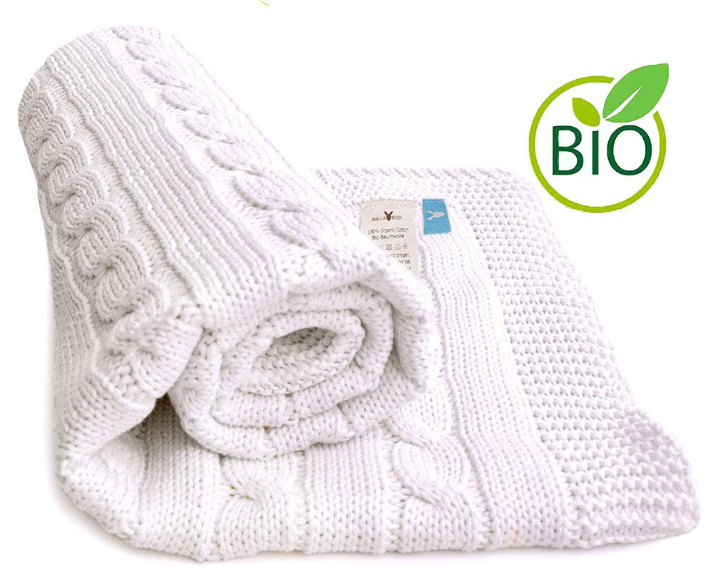 Wallaboo Noa Baby Blanket Organic Cotton with Cable Pattern, Beautiful Knitted and Cuddly Soft Baby Blanket, 90 x 70 cm, Colour: White