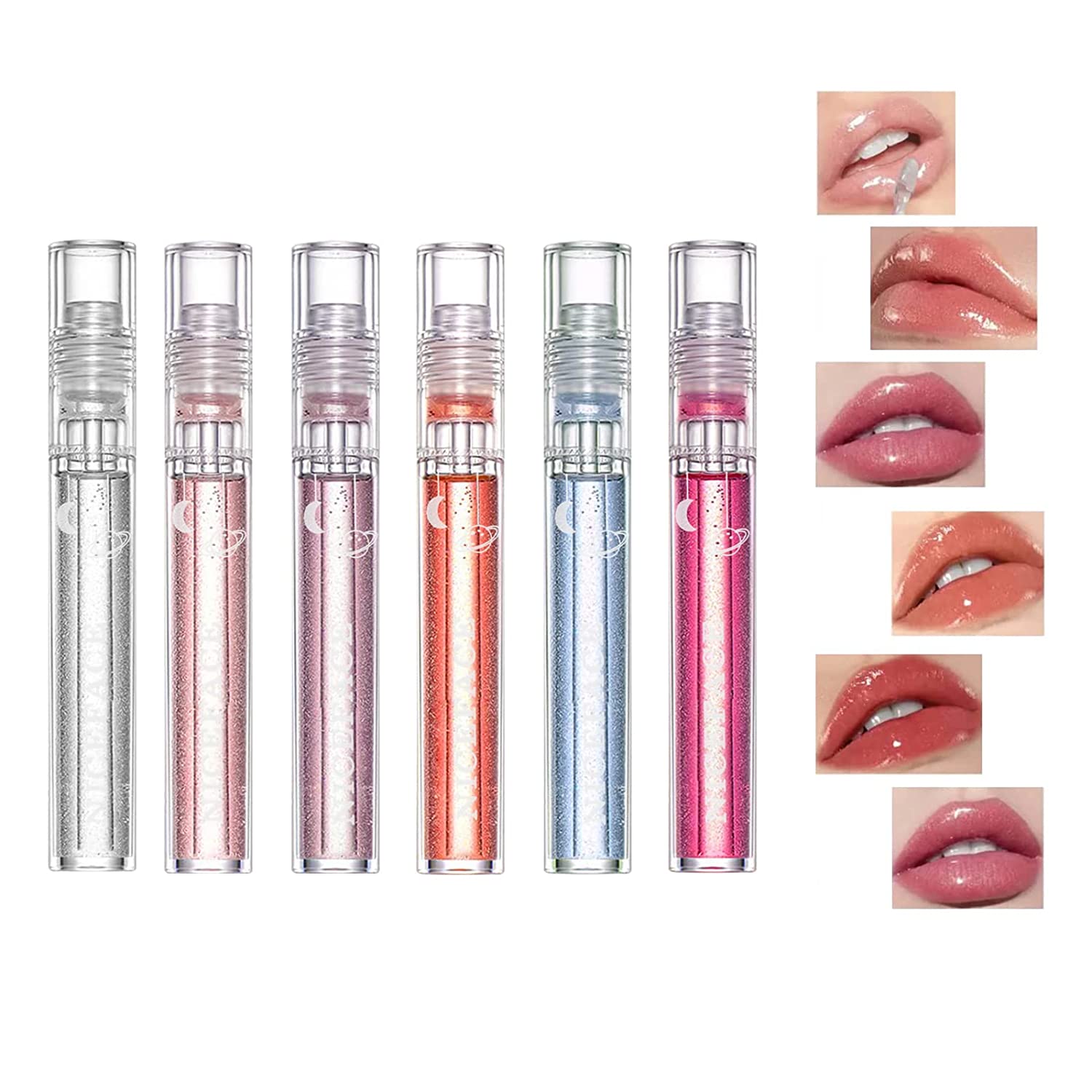 kuirunrx Set of 6 lip gloss, shimmers and shines, makes the lips look fuller, lip glass hydrating lip gloss, moisturises and gives the lips a natural shine, strengthens the shine