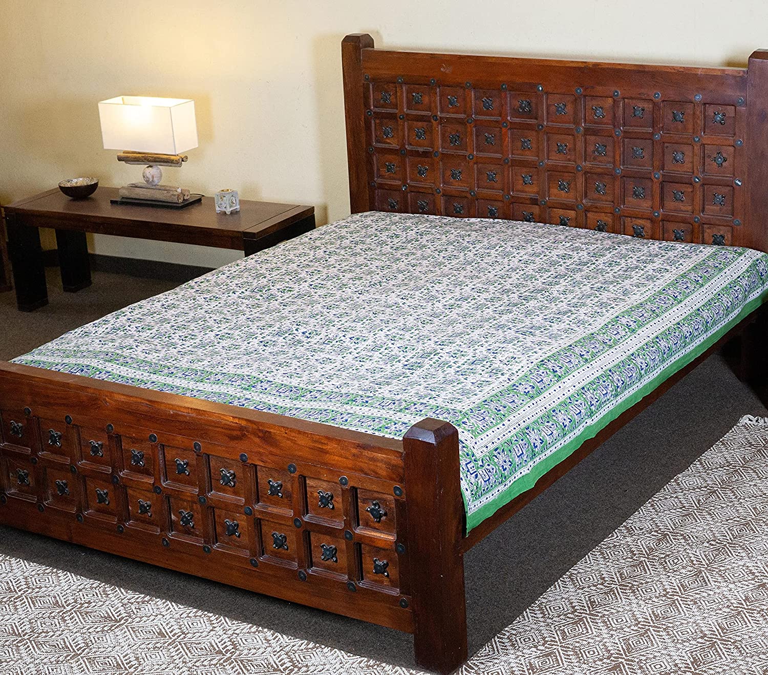 Guru-Shop Block Print Bedspread and Sofa Throw, Hand Crafted Wall Hang, Cotton, Green