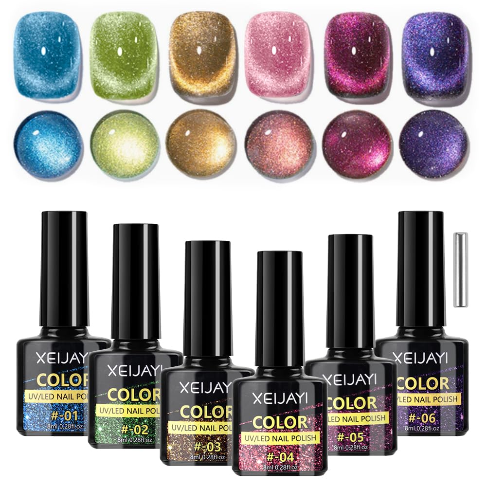 UV Nail Polish, 6 x 8 ml Nail Polish Cat Eye Gel with Magnet, Cateye UV Gel Nail Polish, 6 Colors Set for Nail Salon, DIY Home, Wedding, Dating, Party