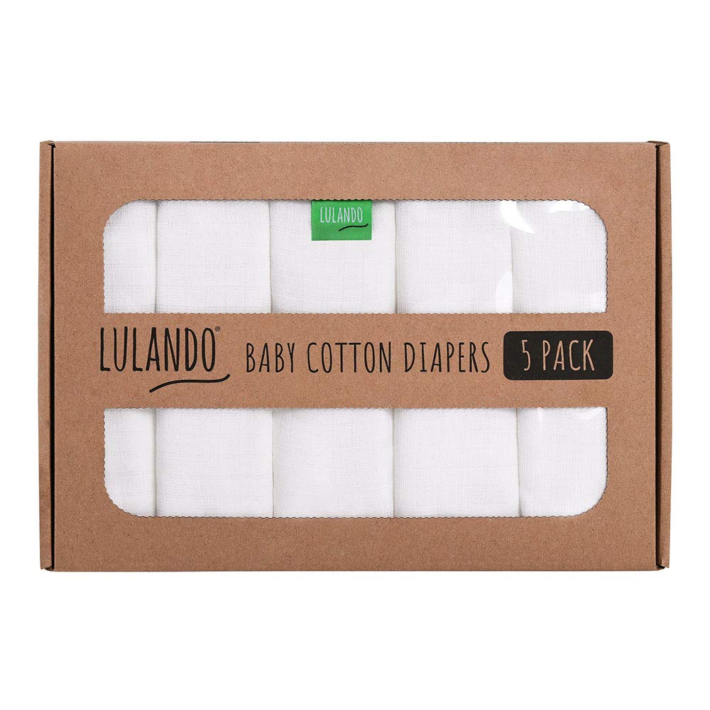 LULANDO Muslin Nappies 80 x 80 cm White Washable Burp Cloths 100% Cotton Öko-Tex Certified (Pack of 5)