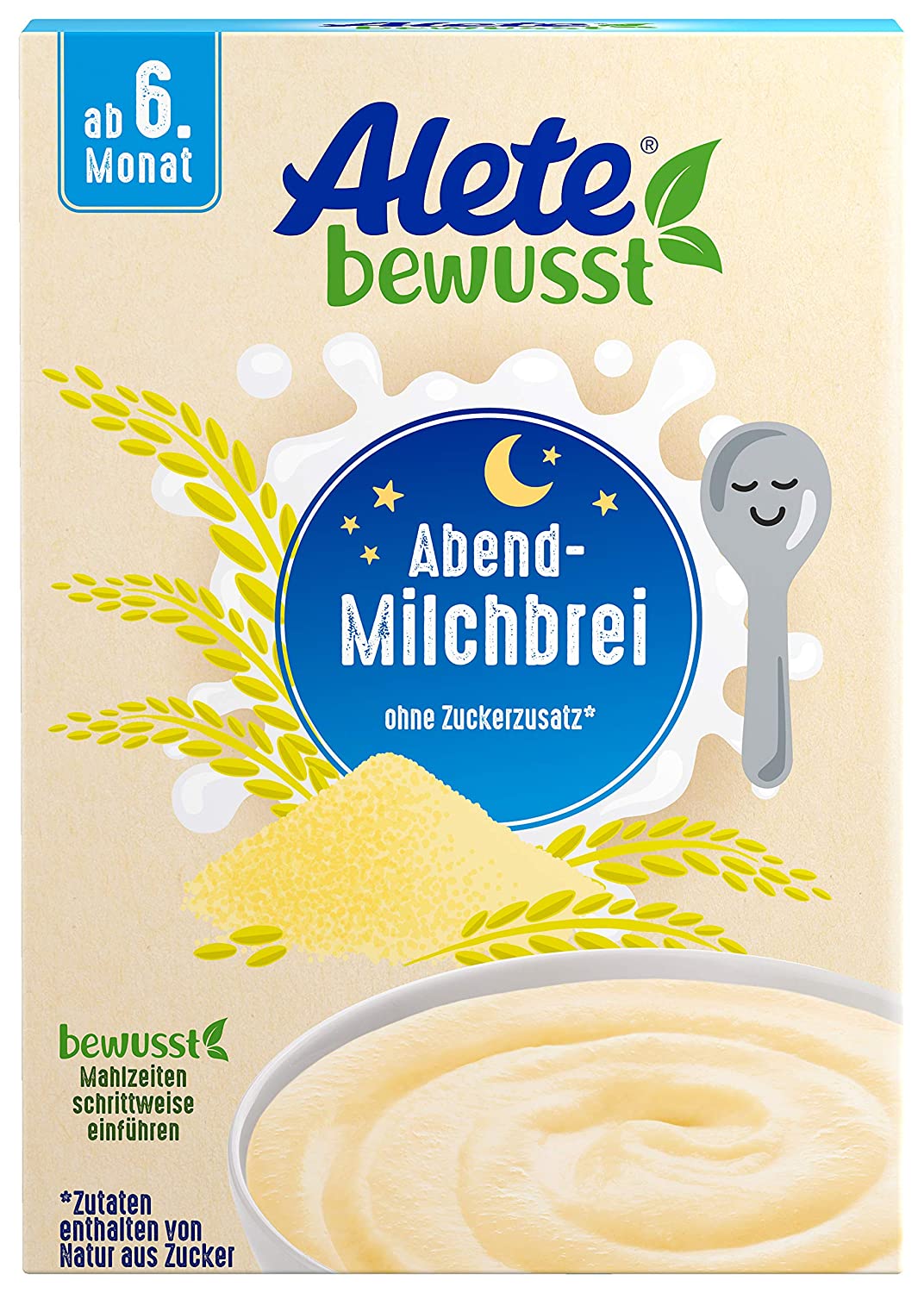 Alete bewusst Abend-Milchbrei, neutraler Geschmack, ab dem 6. Monat, Babynahrung mit Magermilchpulver & pflanzlichen Ölen, Milch-Getreidebrei für morgens & abends, 400 g