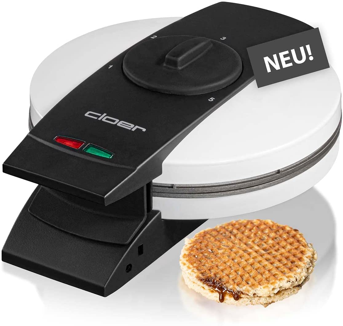 Cloer 1641S Stroop Waffle Iron for Dutch Stroop Waffles, 850 W, Waffle Calibre 14.5 cm, Baking Basket, Continuously Selectable Browning Level, White